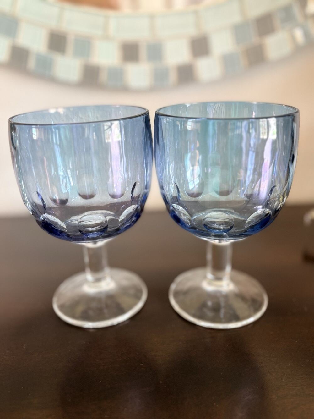 Set 2 Vintage Bartlett Collins Iridescent Light Blue Thumbprint Goblets Glasses